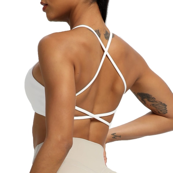 Träningspass för damer Sportbehåar Fitness rygglös vadderad behå med låg slagkraft Yoga Crop linne-vit