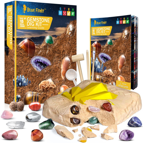 Gem Digger Kit, STEM Education DIY Toy Science Kit - Graving 15 unike ekte edelstener, steiner, gruvedrift unike gaver, arkeologi - beste gaver for barn leker