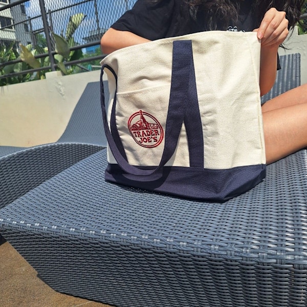 Trader Joe's Återanvändbar Canvas Eco Tote Väska Shopping Heavy Duty Väska Blå Vit