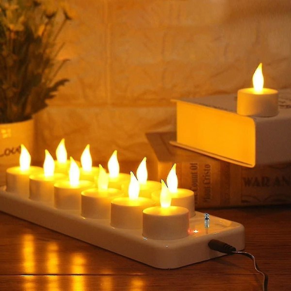 Flamlösa ljus - 12 laddningsbara LED-flimmerljus + 12 frostade koppar - Levereras med laddningsbas, inga batterier behövs