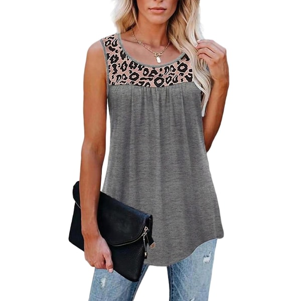 Bohemiska linne damer Leopardtryk Beach Loose Knit Tunika Blus Grå M