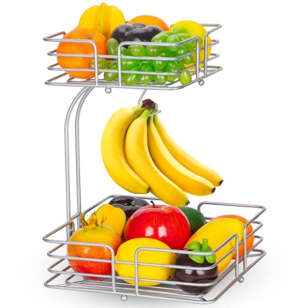 2-lags benkeplate fruktkurv, grønnsaksskåloppbevaring med bananhenger, fruktstativholder til kjøkken, svart