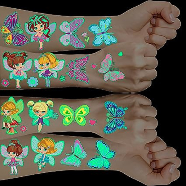 Fairy Temporary tatueringar för flickor, 10 ark självlysande barntatueringar Butterfly Fairy, tatuering för flickor, födelsedagspresent barninbjudan