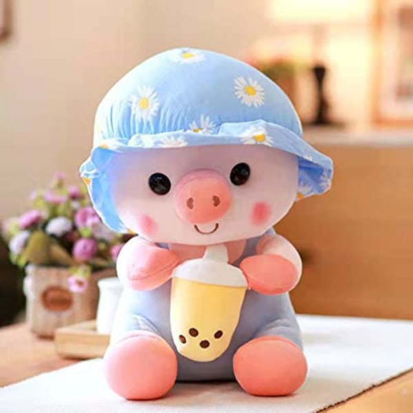 Plyschdockor för gris, tecknad grisdocka som håller Boba Bubble Tea Söt Piggy fylld leksakskuddeprydnad för bilsoffa (25 cm)