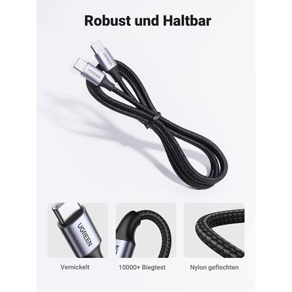 USB-C-USB-C-kaapeli, 60 W PD 3.0 QC 4.0/4.0+ yhteensopiva USBC-latauskaapeli