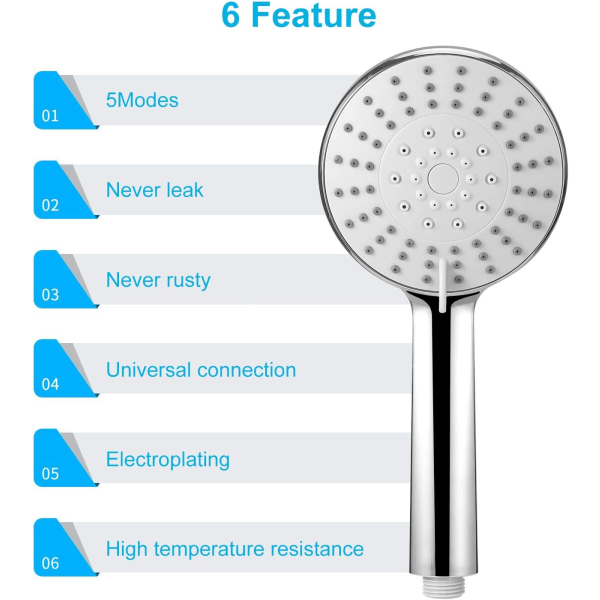 Universell justerbar utskiftbar dusjhode med 5 vannsparende innstillinger