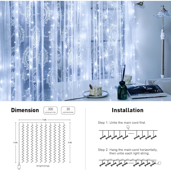 300 LED-lyskjede for gardiner, julelys, gardinlys til vinduer og vegger, lyslenke til soverom, bryllupsfest, innendørs dekor