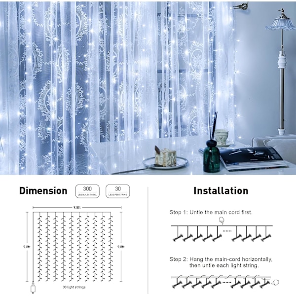 300 LED-styrede julegardinlys, vinduesvægophængte gardinlyssnore til soveværelsesbaggrund bryllupsfest indendørs dekoration