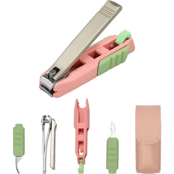 5 i 1 nagelklippare med spärr, multifunksjonell stänksäker nagelklippare med telefonhållare, sett med rosa fodral