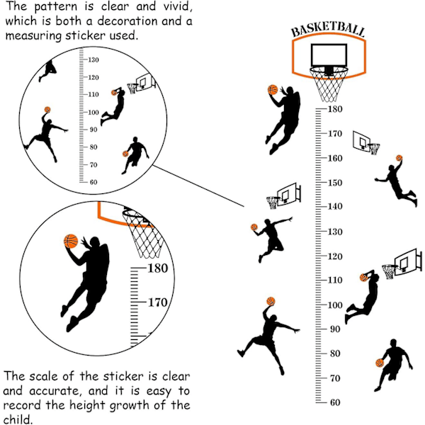 Koripalloaiheinen korkeuskaaviotarrasetti, itseliimautuvat korkeustarrat makuuhuoneeseen, 90x30