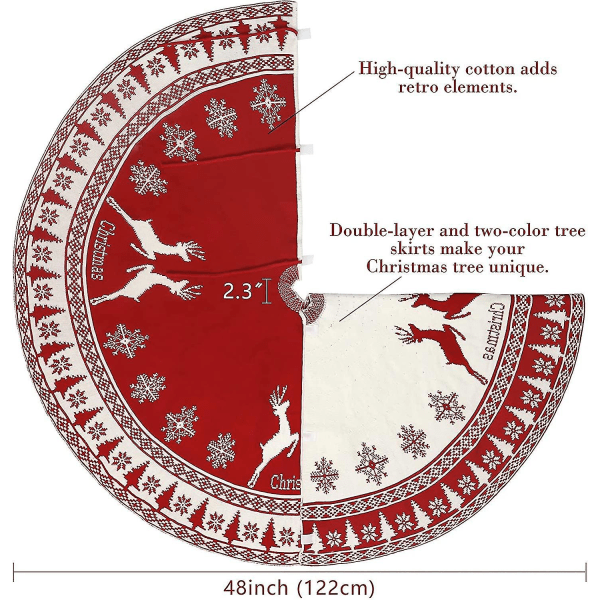Juletræsnederdel, 48 tommer stor rustik snefnug rensdyr juletræsnederdel, rød strikket juletræsnederdel julepynt, til indoo