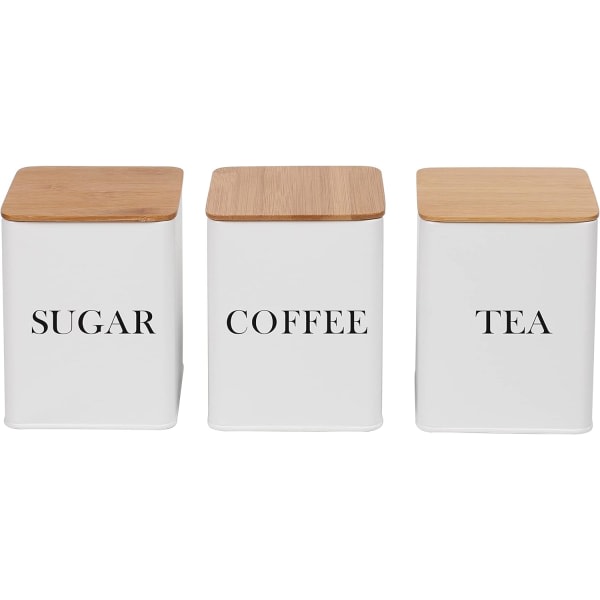 Set med 3 te-, kaffe- och sockerbehållare för förvaringsburkar med lufttäta bambulock, vit