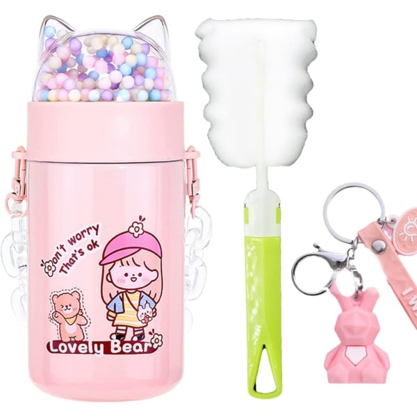 Vesipullo koululapsille kimalteleva kimalteleva ruostumattomasta teräksestä valmistettu termospullo kissan paljetetulla kannella Cystal Strap Cup - syntymäpäivälahja (Girls Pink C, 280 ml)