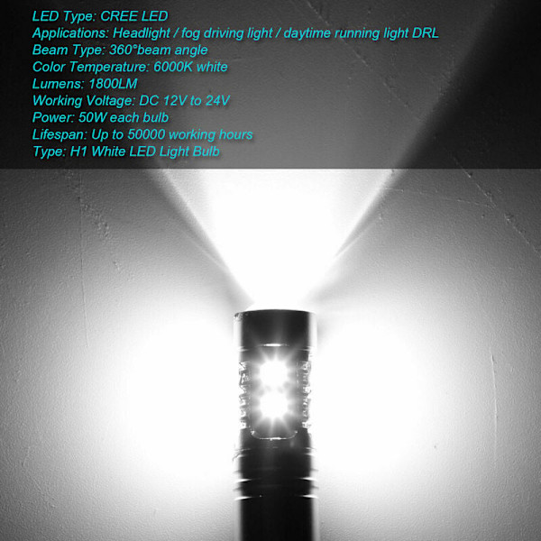 H1 LED-forlygter 6000k fjernlys og nærlys 100w High Brightr 2 stk
