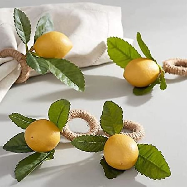 Handgjorda citron servettringar sett om 4, gul faux citron med vine servettring for bröllop, middag, bankett, servett till jul, Thanksgiving