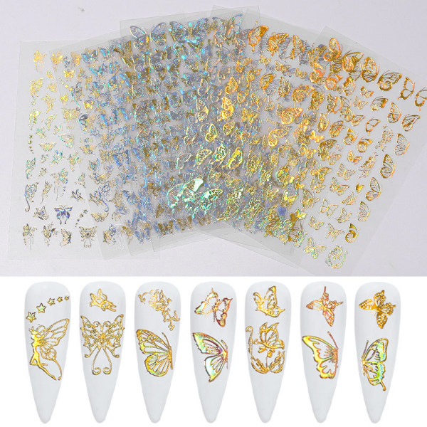 Butterfly Nail Art-klistremerker, 8 ark Gull Sølv 3D