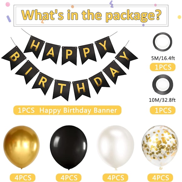 Grattis på födelsedagen Banner Konfetti Svarta och guld ballonger Konfetti Latex Ballong Party Banner för 18:e 30:e 50:e födelsedag Banner Dekoration