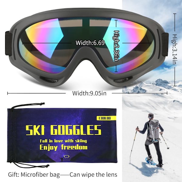 Skibriller, motorsykkelbriller, snowboardbriller for menn, kvinner og barn - UV-beskyttelse, skum, anti-ripes, støvtett, fargede linser, svart og hvit
