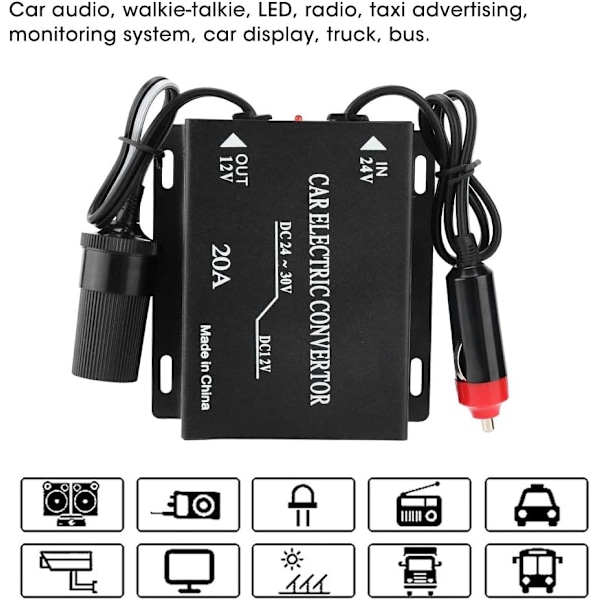 24V til 12V konverter - 20A bilspændingsreducer strømkonverter aluminiumslegering step-down transformator