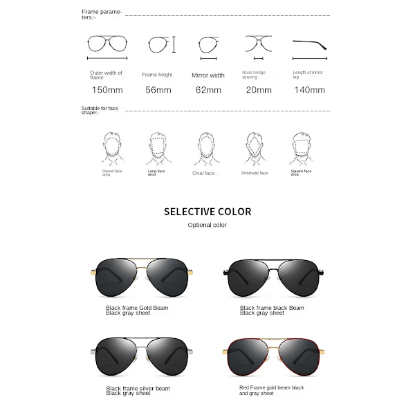 Polariserade solglasögon för män och kvinnor, UV-skydd, klassiska pilotglasögon, körglasögon Black frame golden beam black Gray