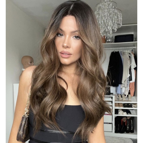 Dameparikk Langt Hår Brun Blond Gradient Medium Bred Bølge Lang Cu