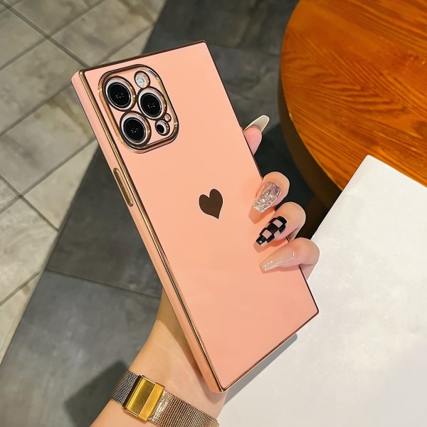 Fyrkantigt Hjärtmönster Förstärkta hörn Pläterat Phone case för iPhone 14 Pro Max 6,7 tum Full Kameralinsskydd Stötsäker Bumper - Rosa