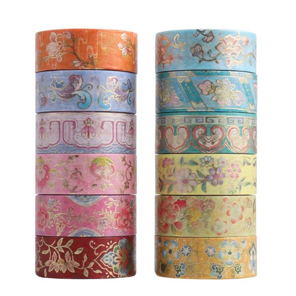 12 rullar Washi Tape Set, Vintage Washi Tape Dekorativ maskeringstejp Pastell Scrapbook Tape Estetisk guldfolie Washi Tape Stickers för DIY