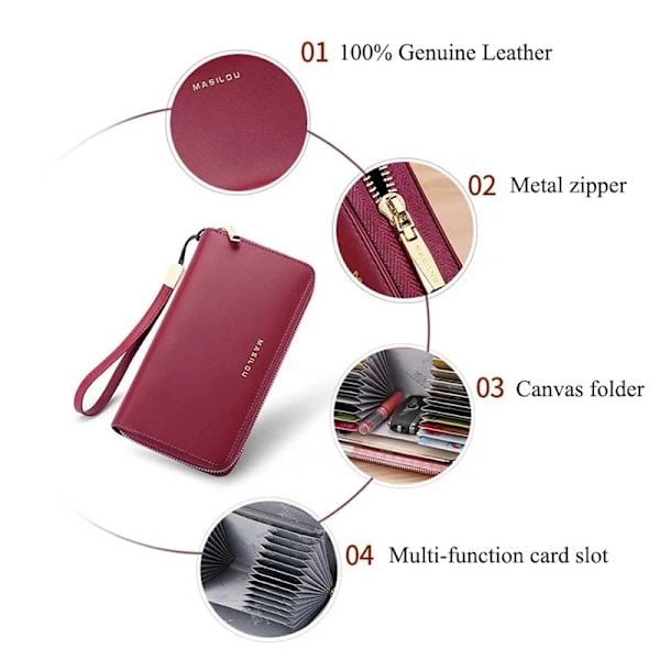 Punge i 100 % ægte læder Clutch til kvinder Lang lynlås Multifunktionel kreditkort ID-kortholder taske Pung RFID-blokerende håndtaske til mænd Pink