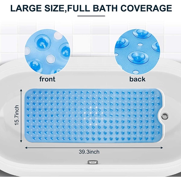 Badematte, ekstra lang sklisikre badematte med 200 sugekopper Badekar Sklisikker matte Maskinvaskbar badekarmatte for badekar - 100 x 40 cm, blå