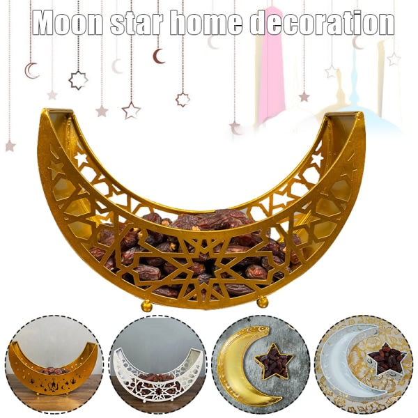 Eid Mubarak Moon/Star Serveringsbricka Bestick Dessert Mat Förvaringsbehållare Ramadan Smidesjärnsbricka för heminredning Stjärnor och måne målad guld