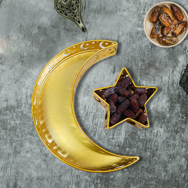 Eid Mubarak Moon/Star Serveringsbricka Bestick Dessert Mat Forvaringsbeholder Ramadan Smidesjärnsbricka for heminredning Stjerner og mange mål guld