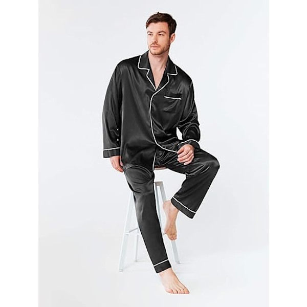 Satinpysjamas for menn, langærmet PJ-sett med knapper og lommer i nattøy - Svart Black xl