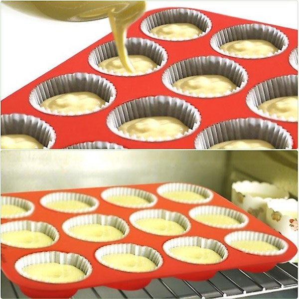 Non-stick 12 koppar Premium Cupcakes Bakplåt Silikon Muffin Pan Diskmaskin Mikrovågssäker (röd)