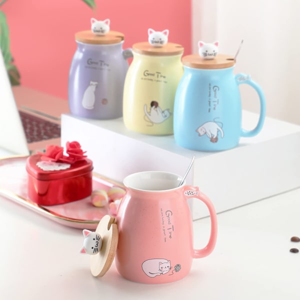 Frukostmugg Present till Vänner Katt Kaffemugg Kanin Tekopp med Lock och Sked Purple