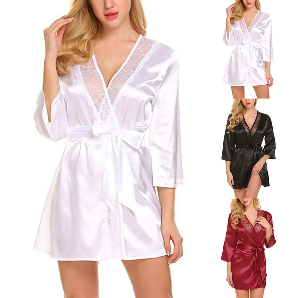 Kvinnor Sexig Satin Silk Nattlinne Underkläder Morgonrock Nattlinne White