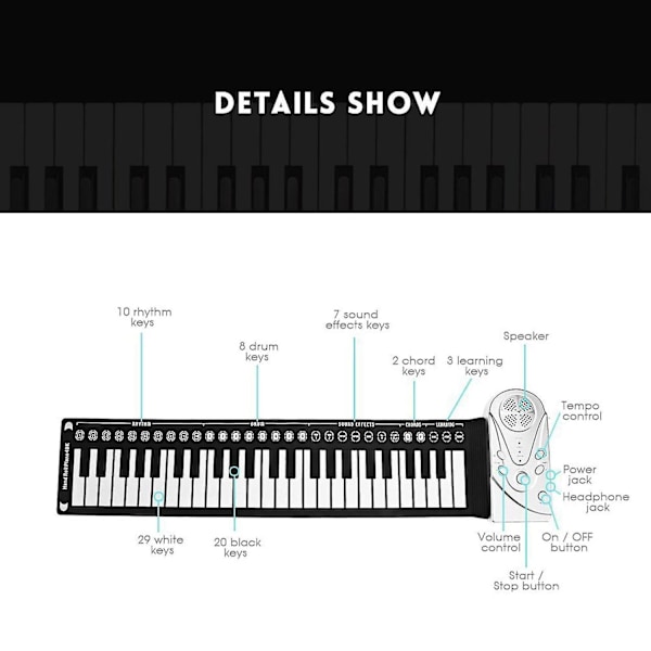 Bærbar 49-tangenters elektronisk roll-up piano silikon keyboard