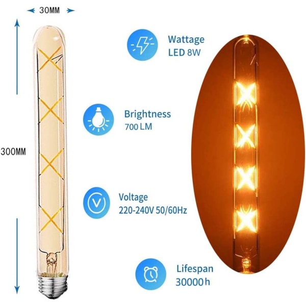 2Pack E27 T30 LED Light Bulb 8W Warm White Amber Glass Tub