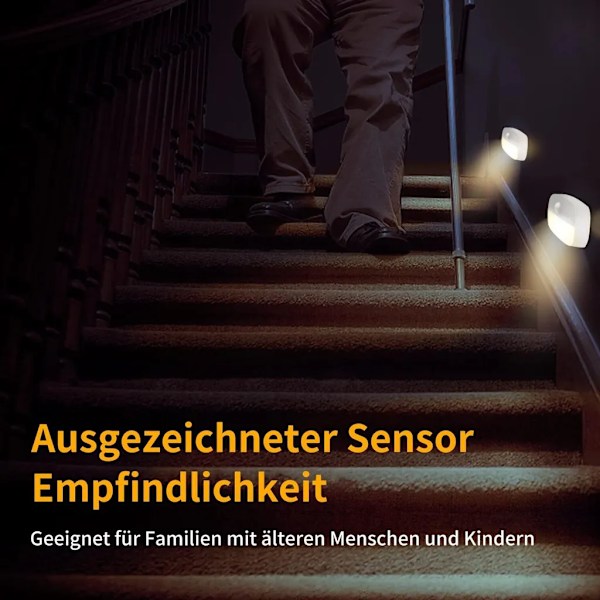 LED-nattlampa med rörelsesensor, 4 st varmvita batteridrivna lampor, 2 ljuslägen, automatisk på/av-sensorlampa för hall, trappa, sovrum