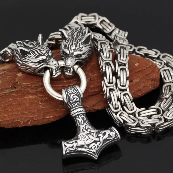 Byzantinsk kædevedhæng Thors hammer i rustfrit stål Wolf Viking smykker 60cm