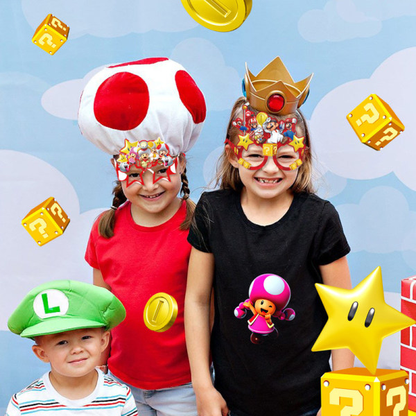 Mario Party Pappersglasögon Fotoställning Spel Tema Födelsedag Glasögon Dekorationstillbehör 16pcs