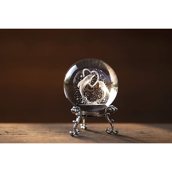 3D Delfin Krystallkule med Stativ for Valentinsdagens Gave, Bursdagsgave - Dobbel Delfiner Kjærlighet Hjerte Ornament