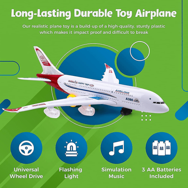 Flygplansleksaker för barn, Bump And Go Action, Toddler med LED-blinkande ljus och ljud för pojkar och flickor 3 -12 år (airbus A380)