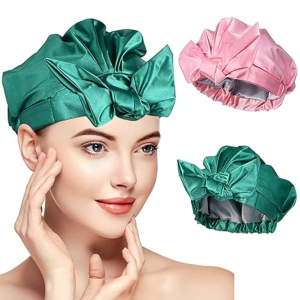 Dusjhetter for kvinner, trelags vanntett hette foret med silkeslen satin, universell gjenbrukbar badehette for dusj, hårbeskyttelse i nylon