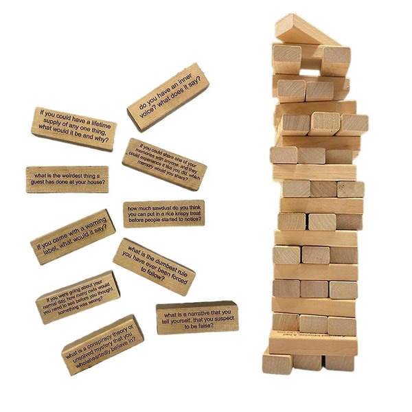 54 frågor Tumbling Tower Game, Giant Wood Stacking Game med resultattavla, Ice Breaker Frågor Tumbling Wood Color