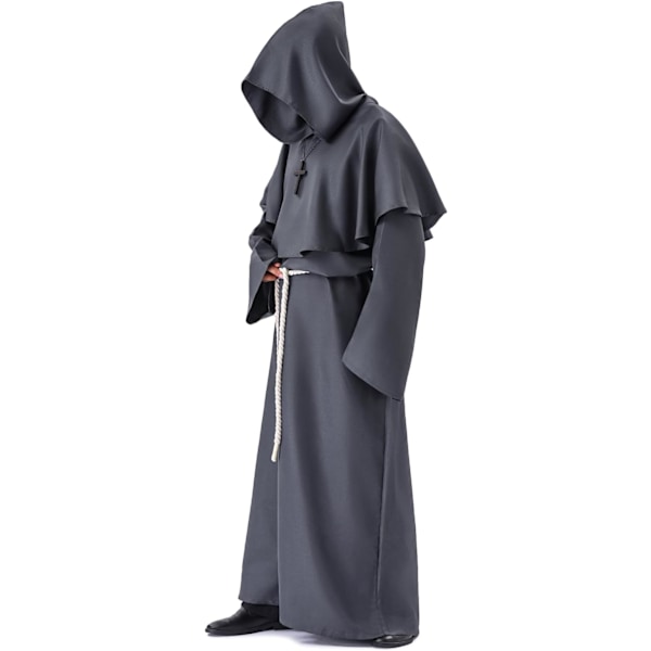 Munkkiasu, keskiaikainen luostarin munkki hupun kanssa, renessanssin pappi, takki, asu, Halloween ja naamiaisasu grey XXL