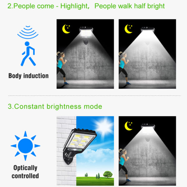 Utomhussolljus med bevegelsessensor, fjernkontroll gatubelysning, IP67 vanntät LED-lampe