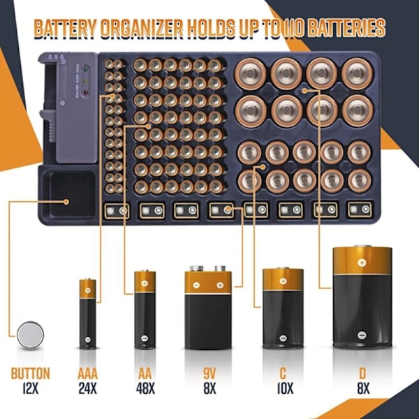 Batteriopbevaring med tester, batteriholder med batterikontrol til AAA AA C D 9V