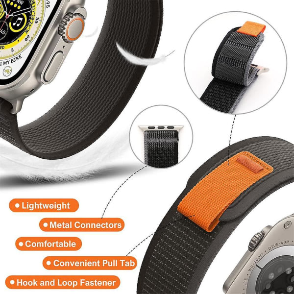 Black Grey Trail Loop Strap yhteensopiva Apple Watch Ultra 49/45/44/42mm, Ersättningsrem yhteensopivuus Iwatch Seriesin kanssa 8/7/6/5/4/3/2/1/se