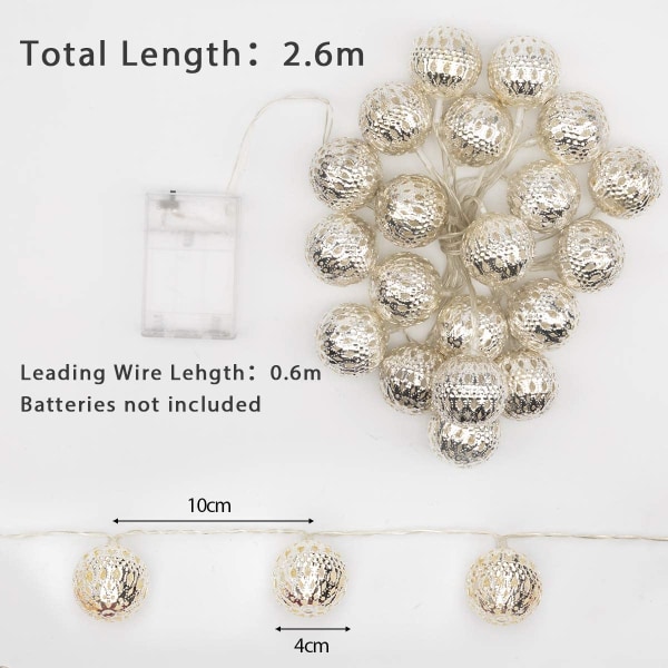 20 LED Silver Ball Lights 2,5 m varm vit metall Fairy Ligh