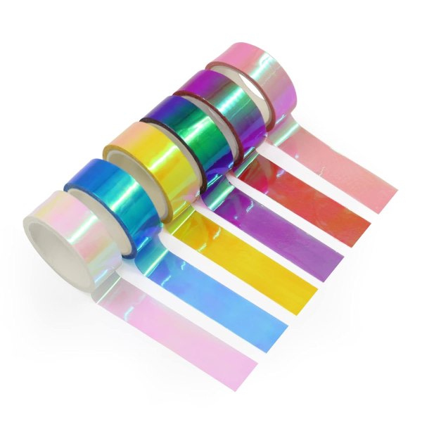 6 rullar holografisk tejp 5M/196,8 tum, blandet farvesæt, dekorativ tejp, prismatisk glittertejp Bågar for DIY-konsthantverksdekoration (6 st)